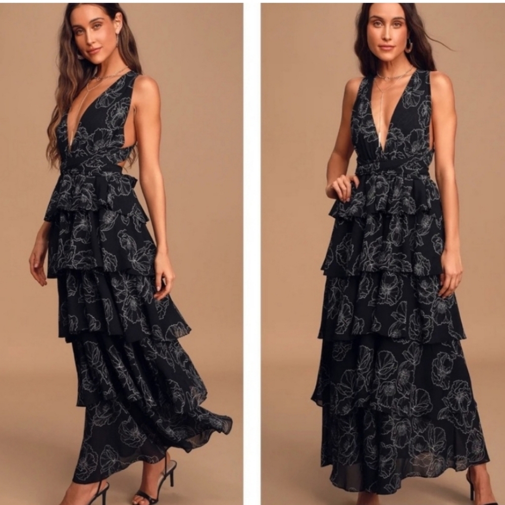 Lulus Blooming kiss black teared maxi dress Party Event